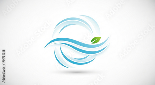 Eco friendly leaf logo with swirling blue waves on white background for environmental and sustainability concepts