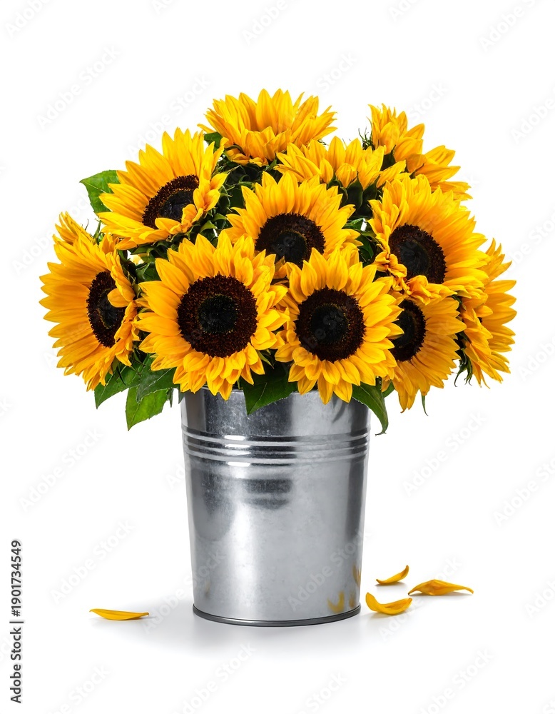 Obraz premium Close-up of vibrant yellow sunflowers arranged in a metallic bucket against a white background