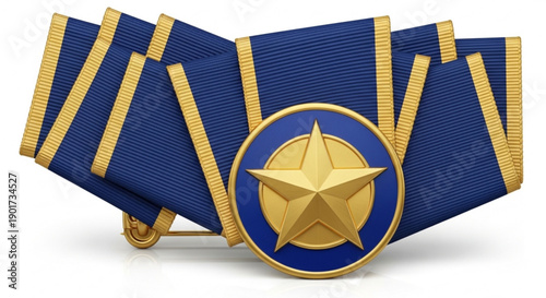 Golden star emblem on blue military ribbon with gold stripes and buckle symbolizing honor and achievement