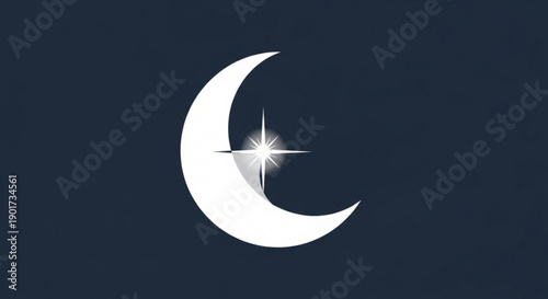 White crescent moon with star symbol on dark blue background representing night sky lunar phase and celestial body in simple graphic design