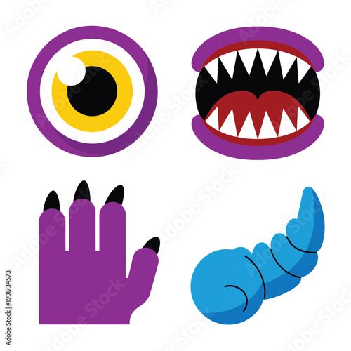 Monster parts vector set with eye, fanged mouth, claw hand, tail, Halloween craft kit, sticker pack, children activity graphic.