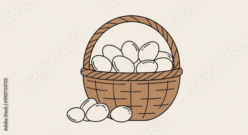Brown wicker basket filled with white eggs on beige background simple illustration