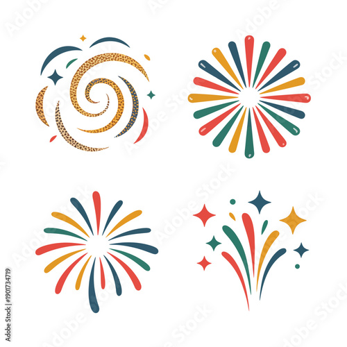 Celebration fireworks set with spirals and stars, independence day banner art, family picnic concert, evening fireworks viewing session on lawn