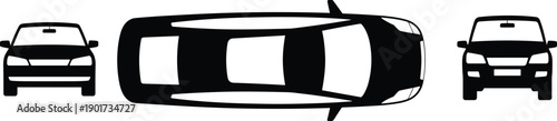 Modern sedan car silhouette vector set showing front rear and top views isolated on white background for automotive design
