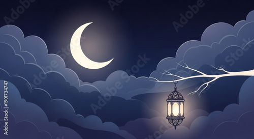 Mystical Night Scene: A serene nightscape painted with a crescent moon, wispy clouds, and a traditional lantern, evoking a sense of tranquility.
