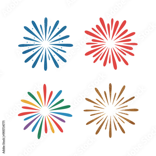 Symmetric fireworks rosettes set, holiday night celebration artwork, town square concert banner, countdown session details, parking advisory and shuttles