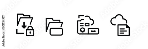 Four black outline icons depicting file storage and download options