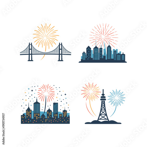 City skyline fireworks set, bridge and buildings with starbursts, independence day parade poster, new year party session graphics vector