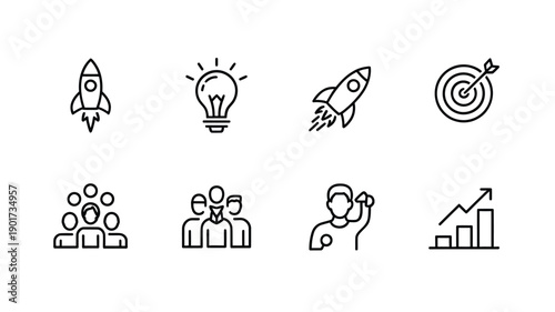 Collection of business and innovation line icons rockets ideas and growth