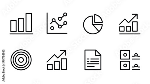 Collection of various data analysis and business growth icons in black lines