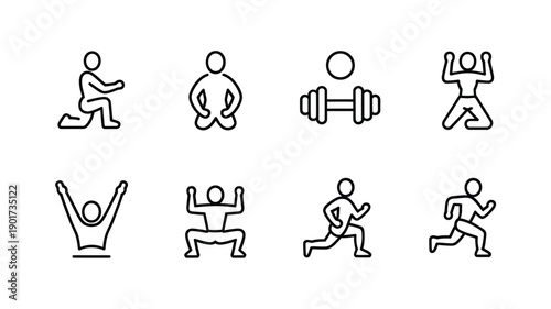 Line art icons depicting various athletic and fitness related poses