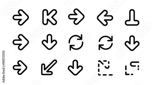 Collection of simple black outline arrow and symbol icons on white