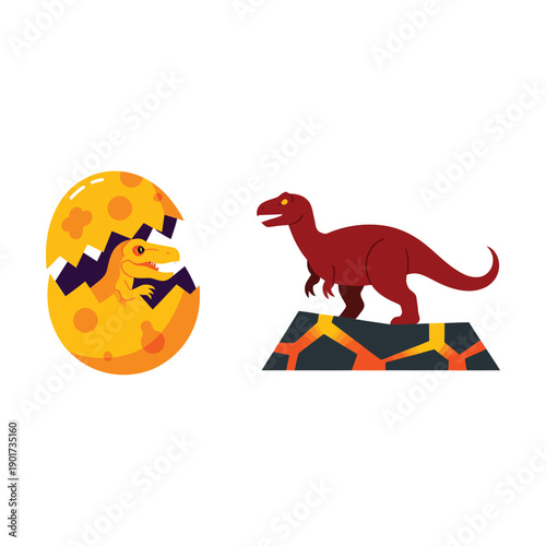 Dinosaur hatching eggs and running raptor vector, prehistoric theme for Easter egg hunt, paleontology day poster, science camp graphic.