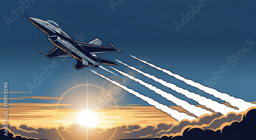 Military fighter jet flying fast with afterburners on during sunset with clouds