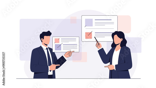 Business meeting: two professionals presenting data on screen, teamwork concept