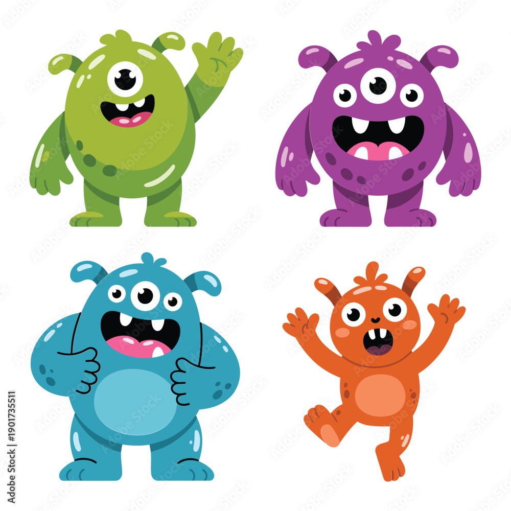 Fototapeta premium Colorful monster squad vector with green hopper, purple grinner, blue strongman, orange buddy, Halloween fair poster, youth event branding