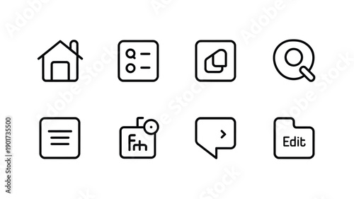 Set of minimalist line icons representing common interface elements