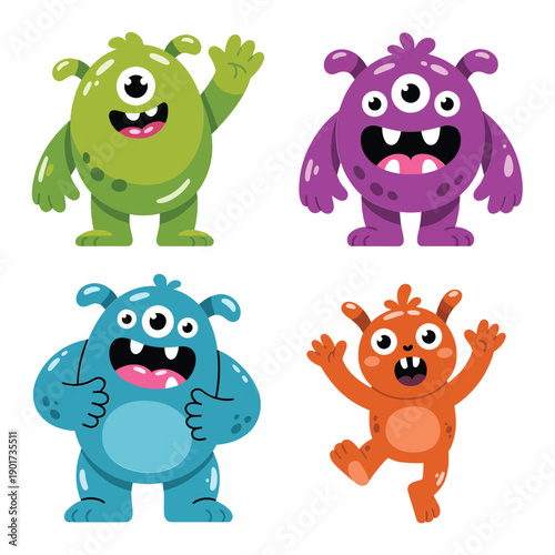 Colorful monster squad vector with green hopper, purple grinner, blue strongman, orange buddy, Halloween fair poster, youth event branding