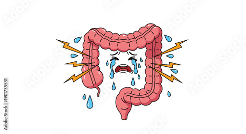 Cartoon illustration of a human colon experiencing severe pain, crying with lightning bolts, symbolizing infection, discomfort, or digestive issues.