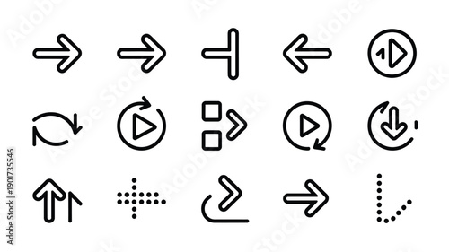 Collection of black and white vector icons depicting various directional controls