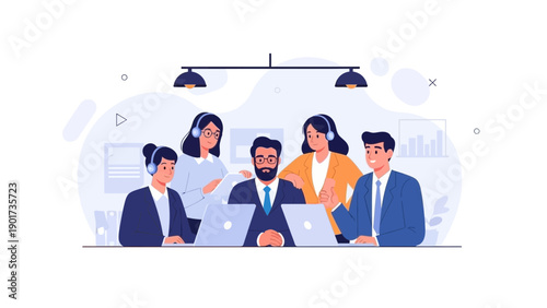 Diverse business team collaborating in modern office with laptops and headsets