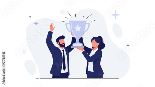 Business Team Celebrating Trophy Win, Success and Achievement