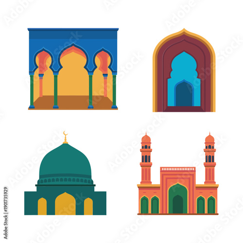 Middle eastern gate and mosque vector set with arches, domes, minarets, ramadan lantern night, eid festival poster, islamic heritage