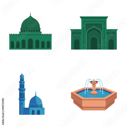 Green mosque complex vector set with dome, gateway, minaret pair, courtyard fountain, islamic new year event poster, sacred architecture graphics