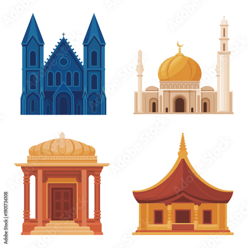 Mixed faith architecture vector with cathedral, mosque dome, orange mandir, red pagoda, world religion day poster, multicultural festival design