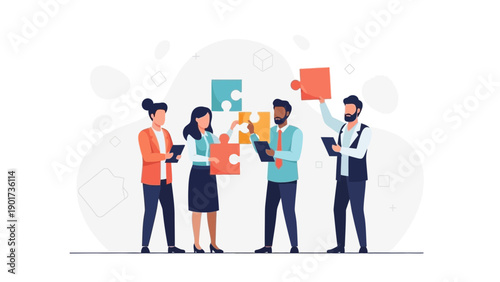 Teamwork and Collaboration: People Solving Puzzle Together, Business Strategy Concept