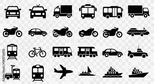Collection of diverse transportation vehicle icons on transparent background.