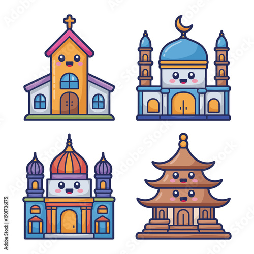 Sacred architecture collection with cathedral facade, mosque domes, minarets, pagoda tower, vector icons for world religion day, cultural tourism poster