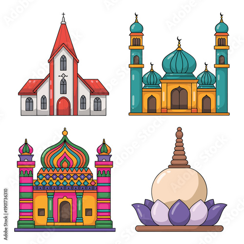 Global worship places vector set with cathedral spire, green mosque domes, lotus stupa, ornate shrine, interfaith festival poster, tourism graphics