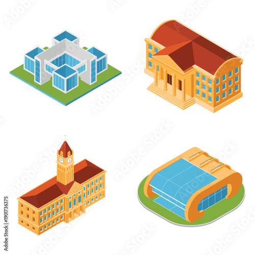 University campus and sports complex icons, academic building with flag, swimming pool arena, athletics event poster, orientation session vector