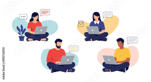 Diverse group of young people sitting cross-legged and working on laptops, engaged in online communication, distance learning, or remote work.