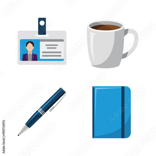 Conference attendee essentials, ID badge, coffee mug, pen, notebook set, registration desk signage, orientation session agenda, networking mixer and reception