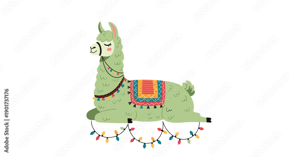 Naklejka premium Adorable cartoon llama sitting peacefully, decorated with a colorful blanket and festive Christmas lights, bringing cheer and charm.