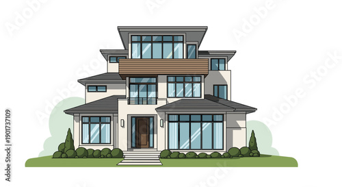 Stylish modern multi-story house with large windows, balconies, and a beautifully landscaped garden, depicting contemporary architecture and living.