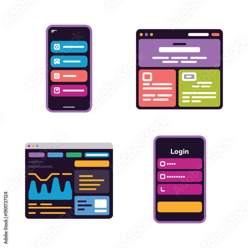 Mobile app UI screens set, dashboard widgets, login forms, hackathon poster, product demo session, UX design workshop, usability testing lab