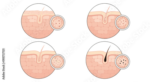 Four sequential stages illustrating skin layers and hair follicle changes, including sebum production, representing various skin and hair conditions.