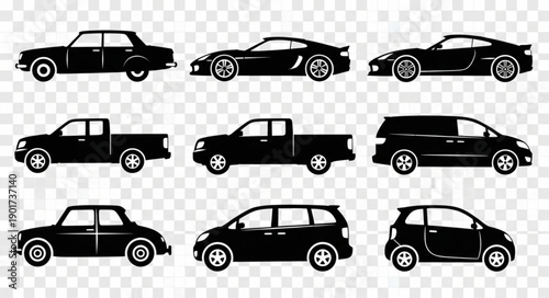 Collection of Black Car Silhouettes on Transparent Background.
