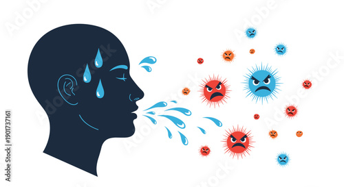 Silhouette of a person sneezing or coughing, releasing infectious droplets and surrounded by angry virus particles, illustrating disease transmission.