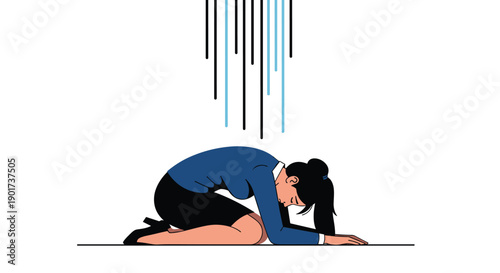 Overwhelmed young woman kneeling on the floor with her head down, looking profoundly sad and distressed, symbolizing despair and mental breakdown.