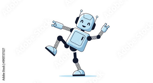Adorable and happy robot character dancing cheerfully and striking a playful pose, symbolizing fun technology and automation.