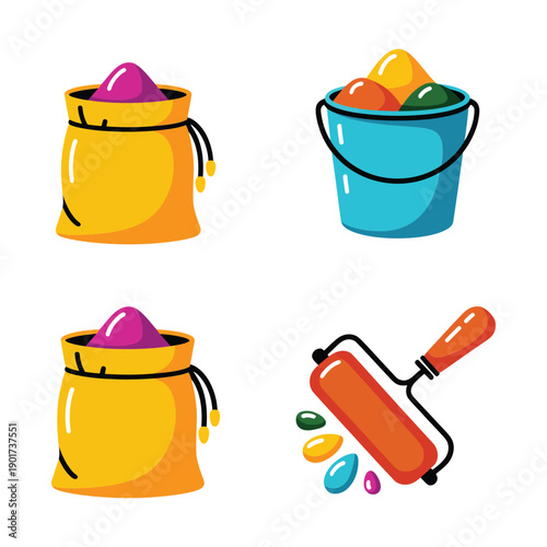 Holi celebration tools collection, gulal bag, colorful bucket, dripping paint roller, water blaster, spring carnival icon, event poster elements, vector