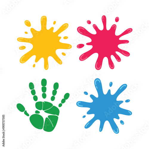 Color splash and handprint set, bright paint blots, Holi party decoration, powder throw banner, kids activity station signage, vector