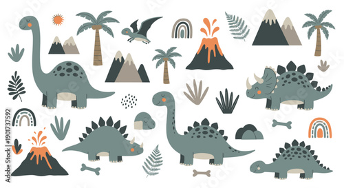 Adorable set of cartoon dinosaurs with erupting volcanoes, lush palm trees, majestic mountains, and colorful rainbows, creating a prehistoric scene.