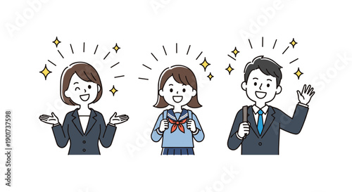 Three joyful Japanese individuals, including a confident businesswoman, a happy schoolgirl, and a successful businessman, radiating happiness and success.