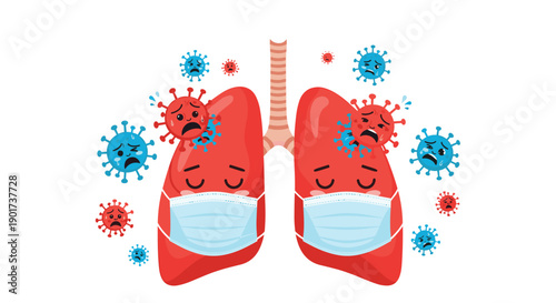 Cartoon illustration of human lungs with sad, worried faces, wearing protective masks, and surrounded by angry virus particles, symbolizing lung infection.
