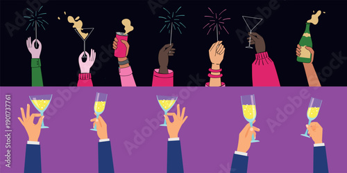 Celebration Cheers Vector Illustration with Hands Cocktails Champagne and Sparklers